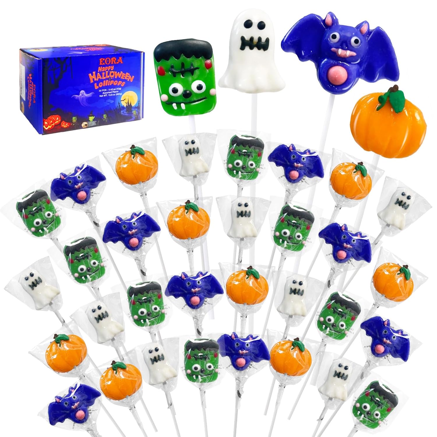 Halloween Party Host Gift with Assorted Pumpkin Ghost Bat Cat Suckers, 32 Count Decorative Candy Box for Office Party and Housewarming Celebration