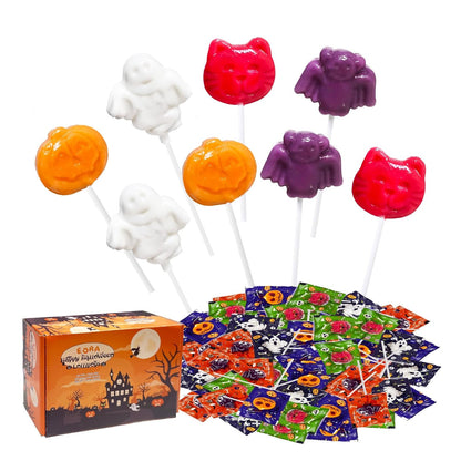 Halloween Party Host Gift with Assorted Pumpkin Ghost Bat Cat Suckers, 32 Count Decorative Candy Box for Office Party and Housewarming Celebration
