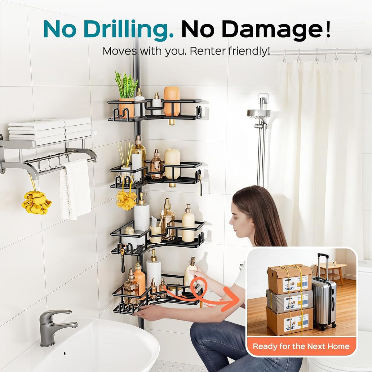 HAMITOR Adjustable Corner Shower Organizer – White Open-Wire Shelves for Less-Is-More Spaces