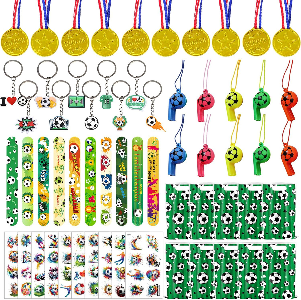 Happyhapi Soccer Home Party Supplies – 60 Design-Coordinated Favors with Slap Bracelets and Goodie Bags for a Polished Party Look