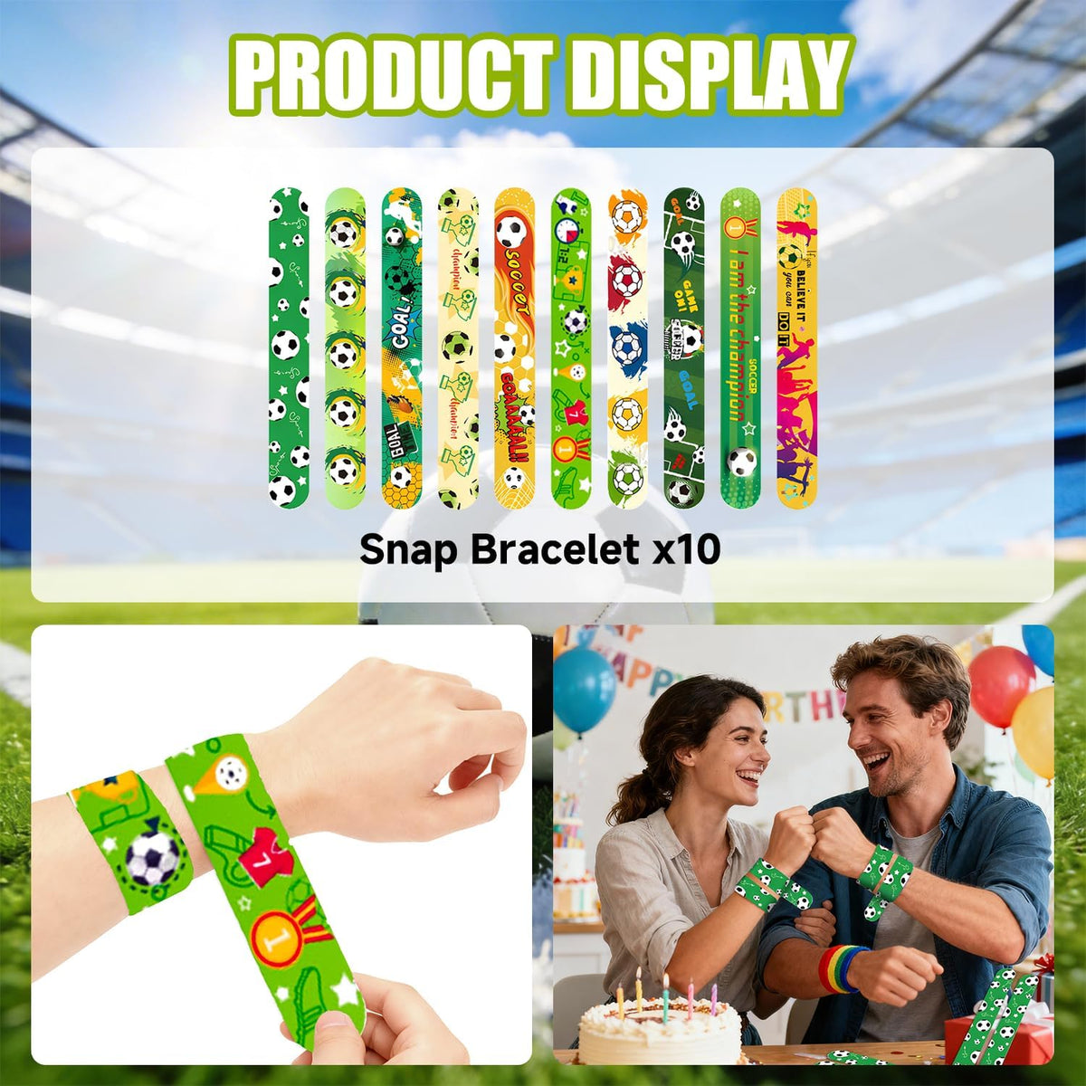 Happyhapi Soccer Home Party Supplies – 60 Design-Coordinated Favors with Slap Bracelets and Goodie Bags for a Polished Party Look