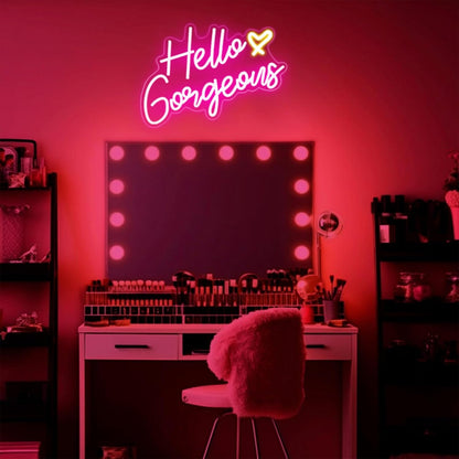 Hello Gorgeous Neon Sign – Family-Friendly Pink Neon Sign for Girls' Room, Shatter-Resistant Acrylic with Dimmer