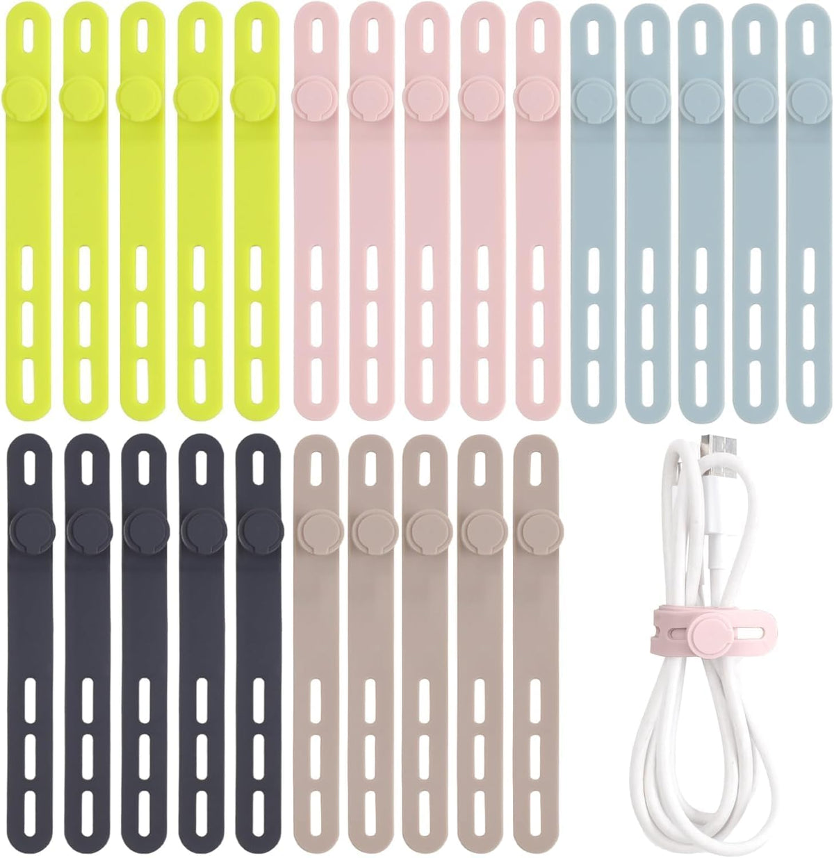 high-elasticity silicone that stretches up to 36cm to fit various cable thicknesses