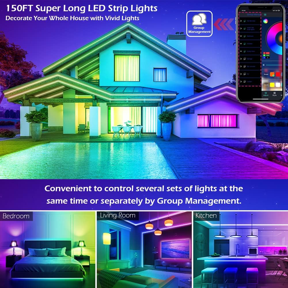 HiLighting 100FT Bluetooth LED Light Strips Plug In Power – No Battery, No Overheat, Family Safe Decorative Lighting for Living Room