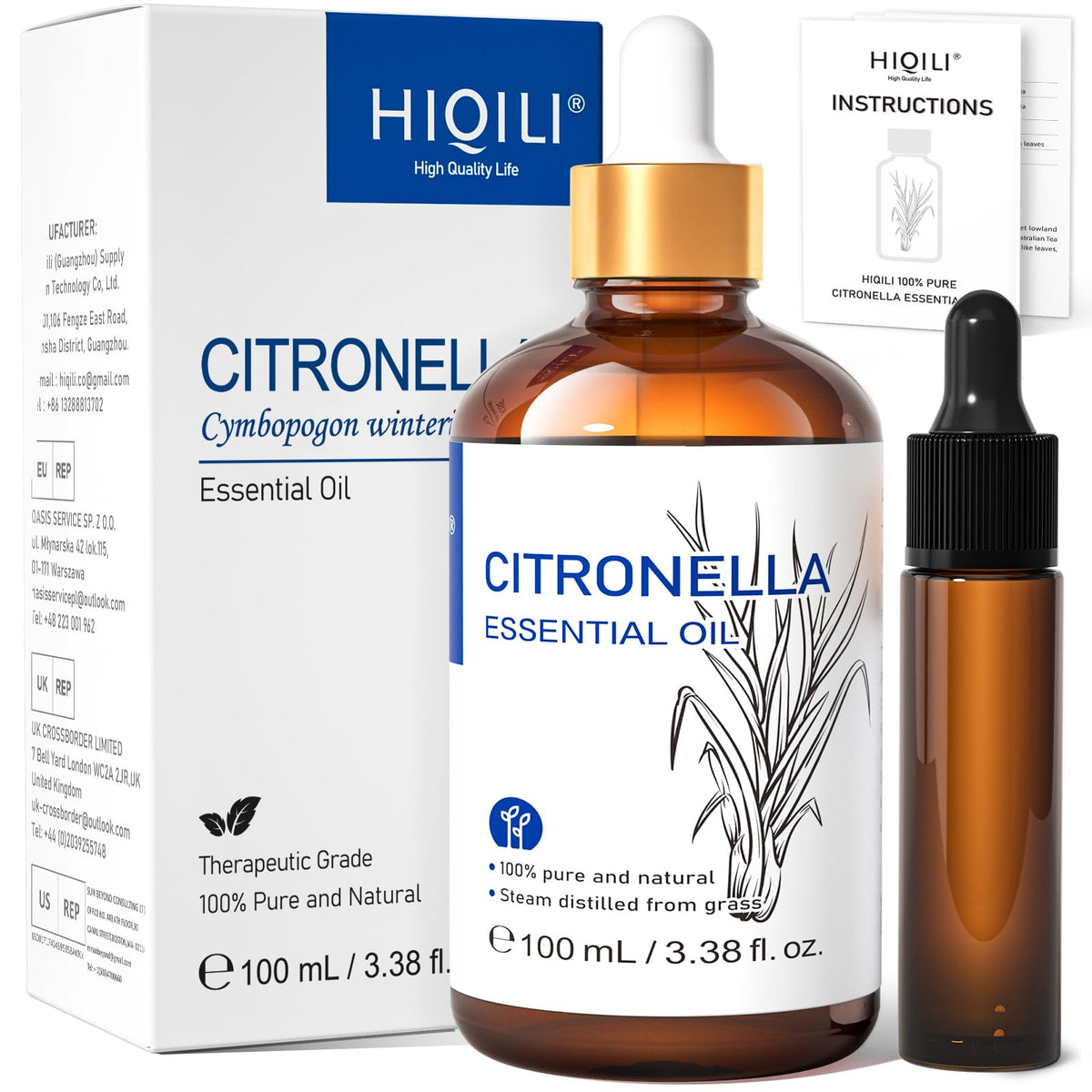 HIQILI 100ML Citronella Oil for Homemade Sprays, Add to Diffuser, 100% Pure and Natural Undiluted 3.38 Fl Oz
