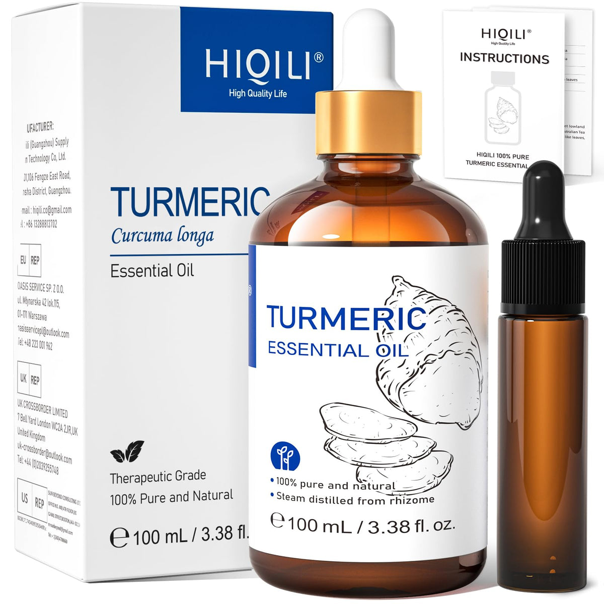 HIQILI 100ML Turmeric Oil for Face Skin Care, Aromatherapy,100% Pure, Use After Dilution- 3.38 Fl Oz