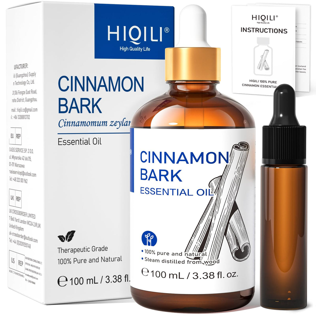 HIQILI Cinnamon Essential Oil for Spary, Diffuser, Garden and Kitchen - 100% Pure Natural - Indoor and Outdoor, 3.38 Fl Oz