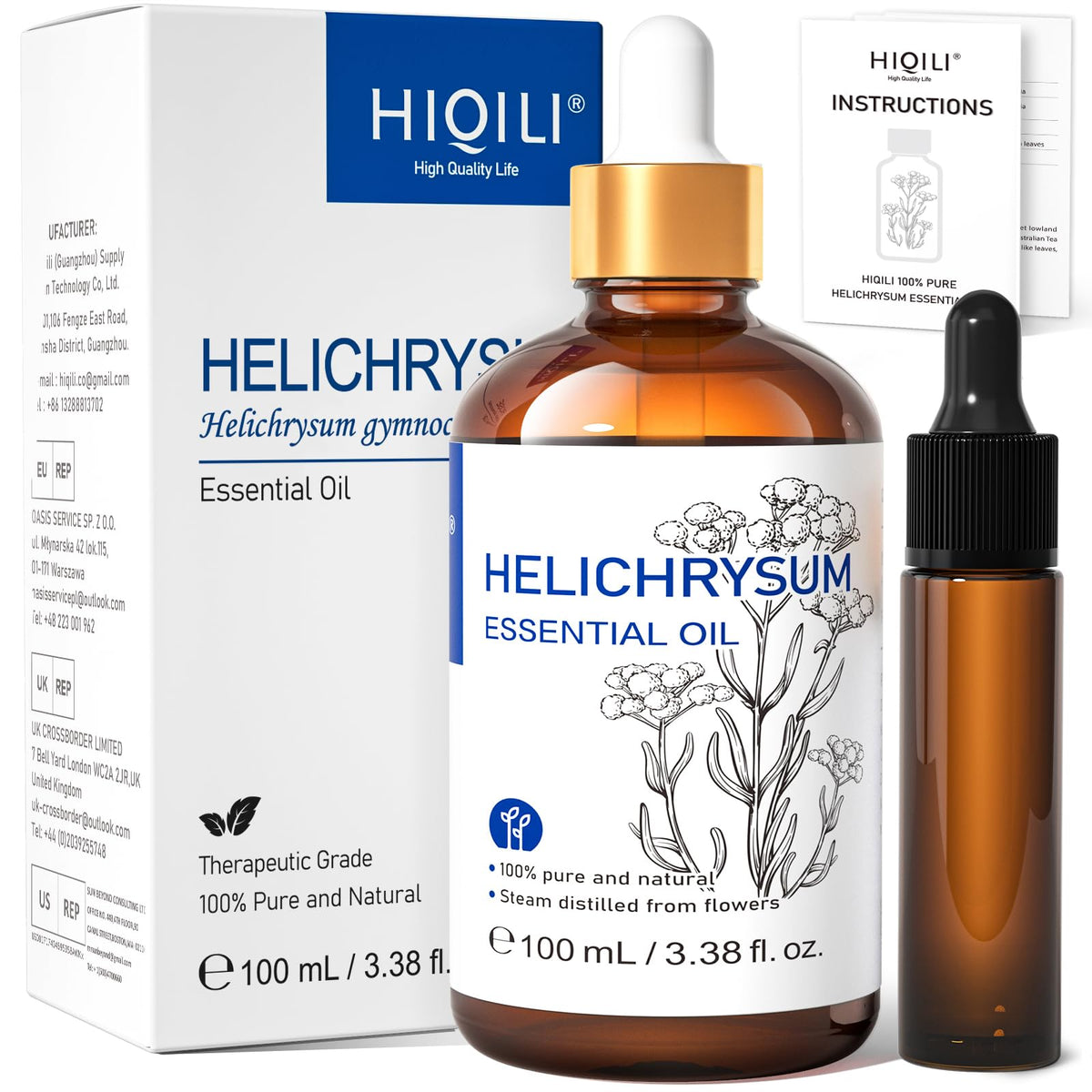 HIQILI Helichrysum Essential Oil for Skin Nourish, Undiluted &amp;amp; Natural, Relieve Fatigue in Body Massage, Reduce Fine Line and Wrinkle, Aromatherapy Diffuser, DIY Floral Scented Gift -100ML
