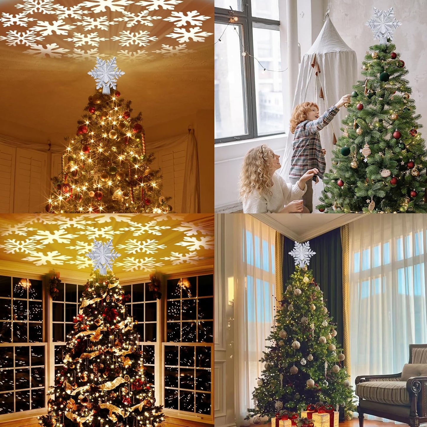 HOLIDAY MAGIC Star Projection Tree Topper Gold Finish – Dining Room Christmas Focal Point with Rotating Patterns