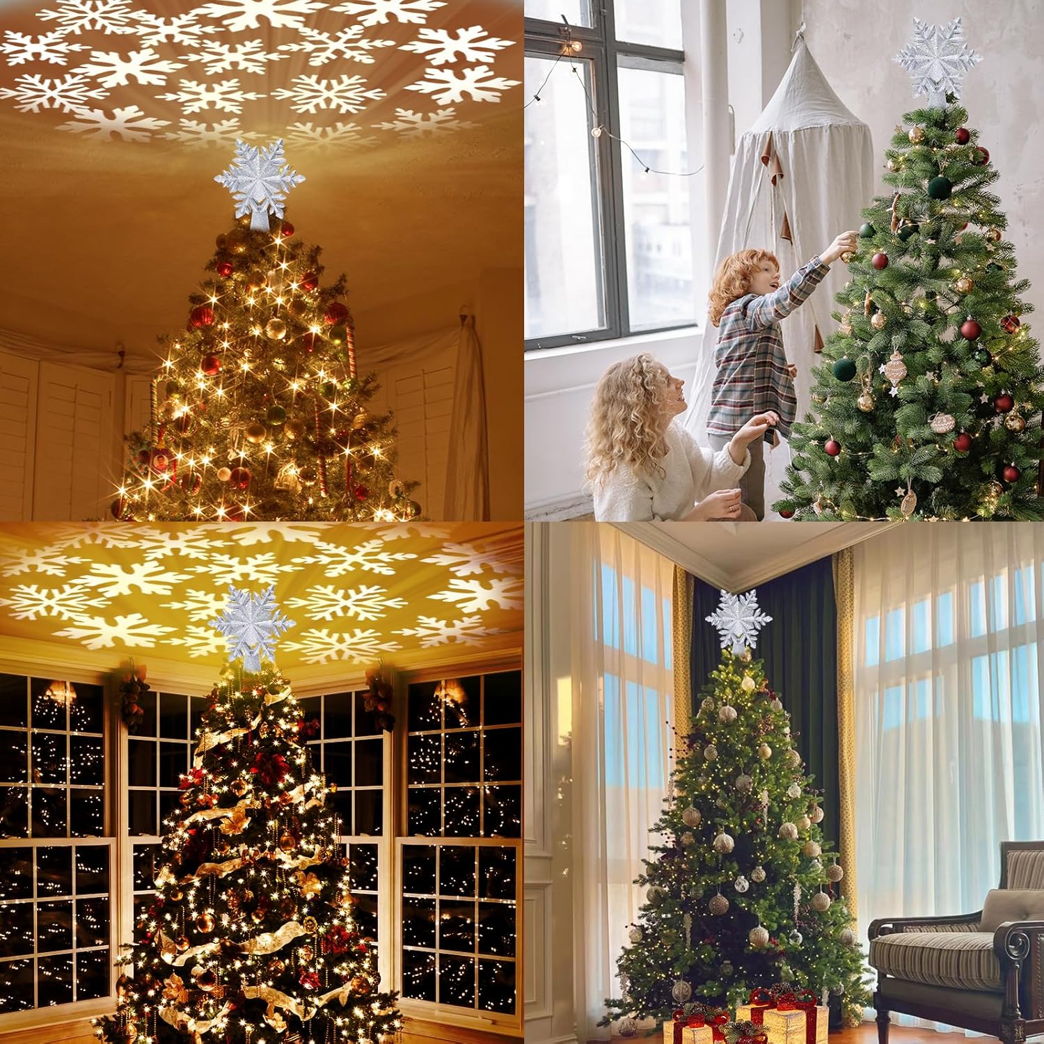 HOLIDAY MAGIC Star Projection Tree Topper Gold Finish – Dining Room Christmas Focal Point with Rotating Patterns
