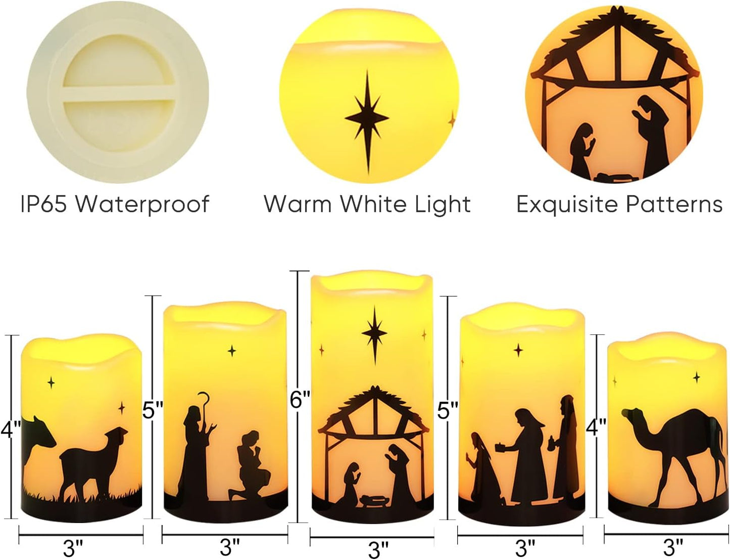 Homemory Outdoor Nativity Pillar Candle Set - Yard Christmas Scene Lighting with Wind-Proof LED, 5 Pack Battery