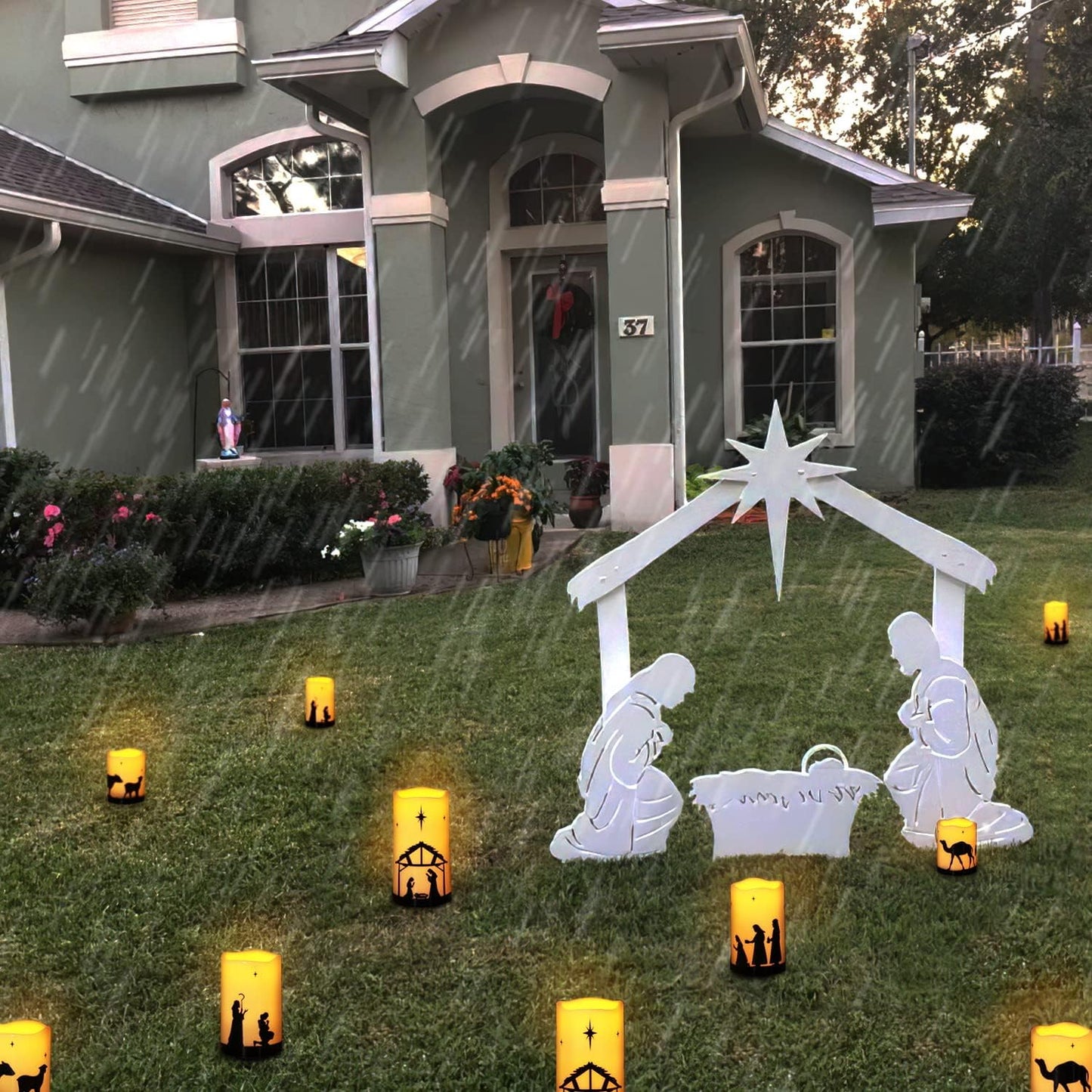 Homemory Outdoor Nativity Pillar Candle Set - Yard Christmas Scene Lighting with Wind-Proof LED, 5 Pack Battery