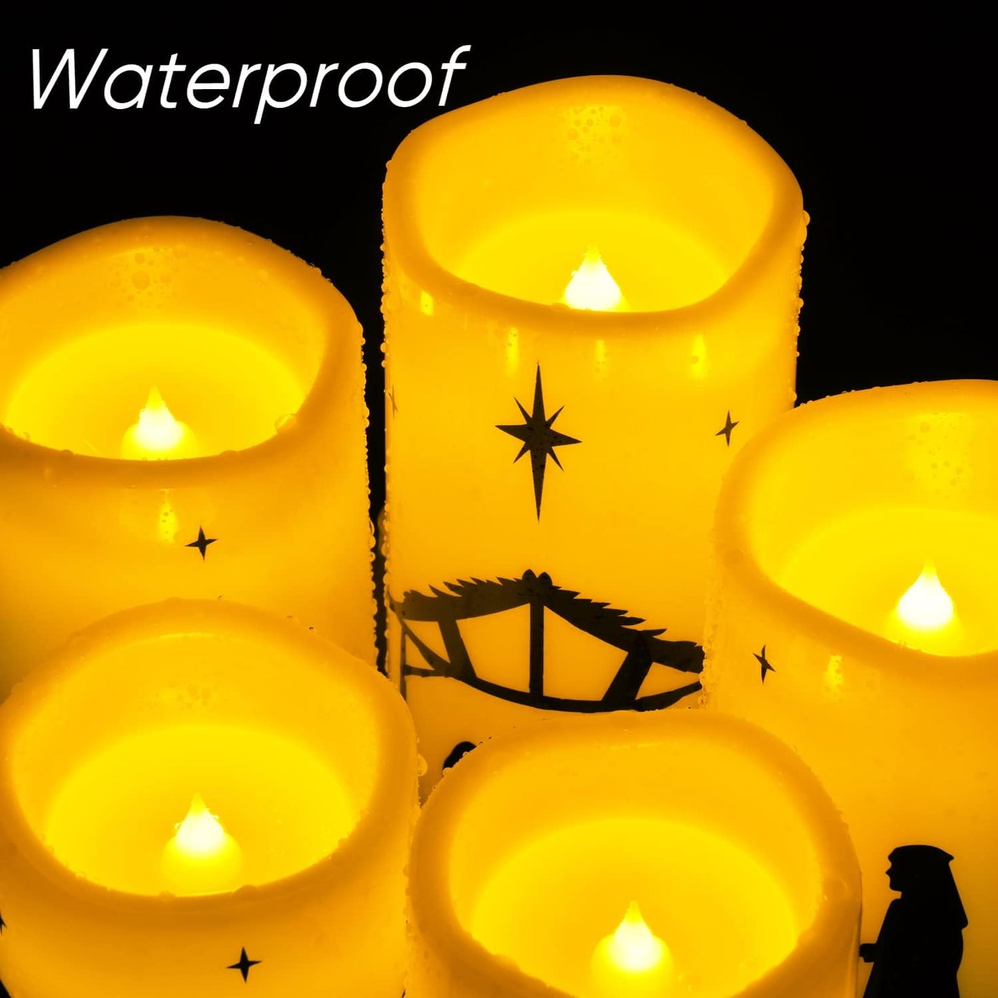 Homemory Outdoor Nativity Pillar Candle Set - Yard Christmas Scene Lighting with Wind-Proof LED, 5 Pack Battery