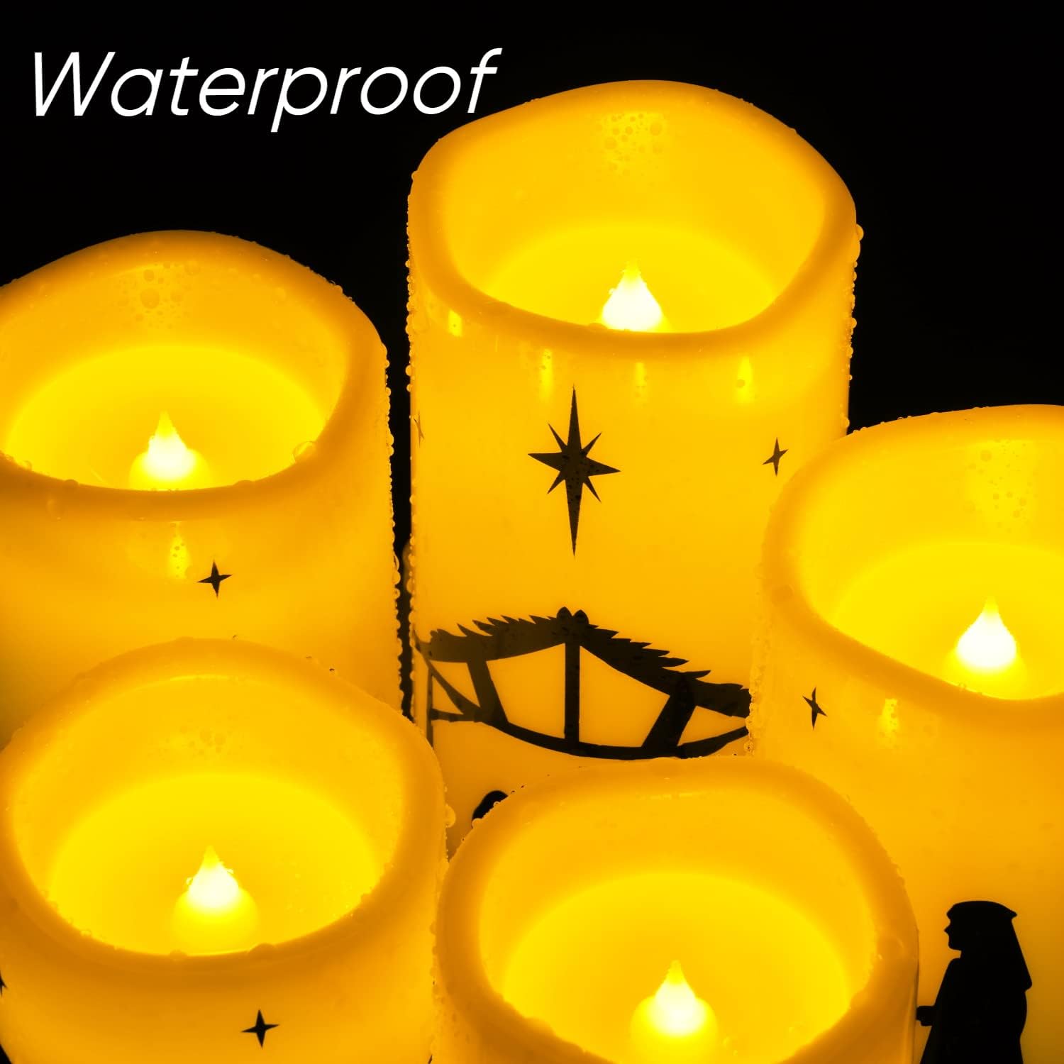 Homemory Outdoor Nativity Pillar Candle Set - Yard Christmas Scene Lighting with Wind-Proof LED, 5 Pack Battery