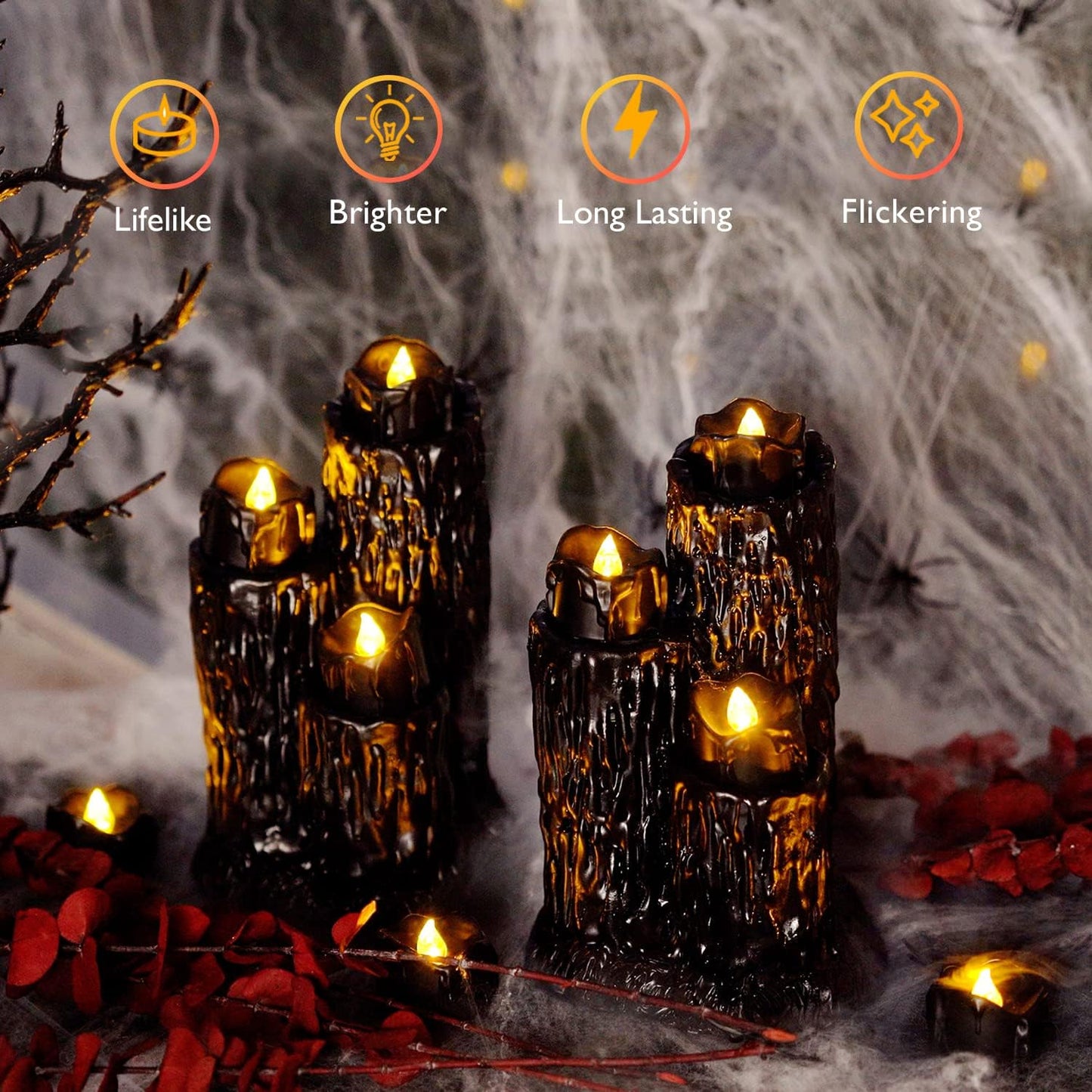 Homemory Smokeless Halloween LED Candles – Black Drip Flameless Tea Lights Safe Around Curtains, Pumpkins & Sleeping Children