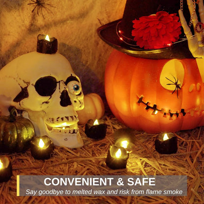 Homemory Smokeless Halloween LED Candles – Black Drip Flameless Tea Lights Safe Around Curtains, Pumpkins & Sleeping Children