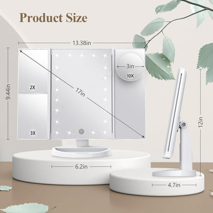 HUONUL Makeup Mirror with LED Lights – Time Saving Beauty Tool for Working Moms, Dual Power Lighted Trifold Vanity Mirror
