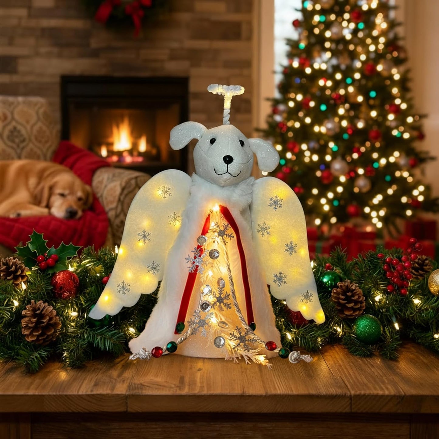 iHeartDogs Angel Tree Topper – White Plush Holiday Decor for a Cozy Pet-Friendly Home Aesthetic