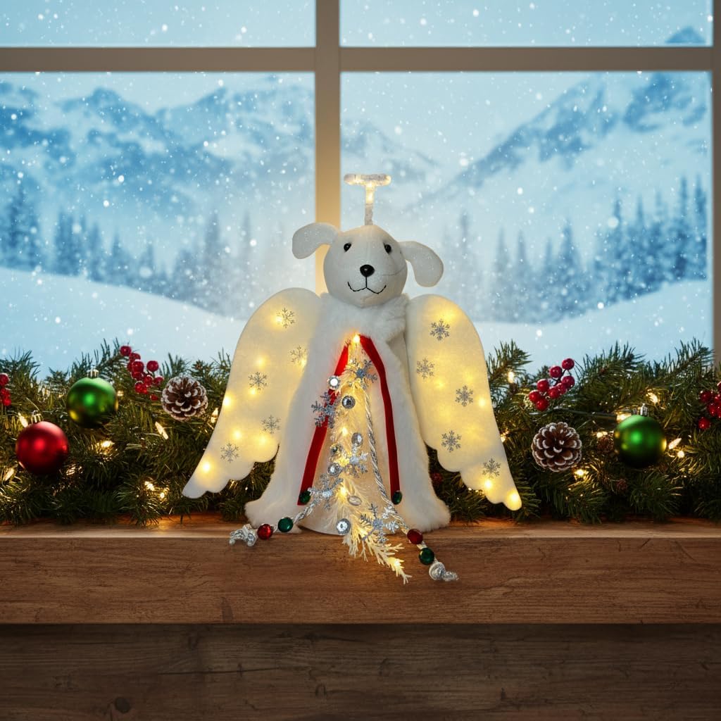 iHeartDogs Angel Tree Topper – White Plush Holiday Decor for a Cozy Pet-Friendly Home Aesthetic