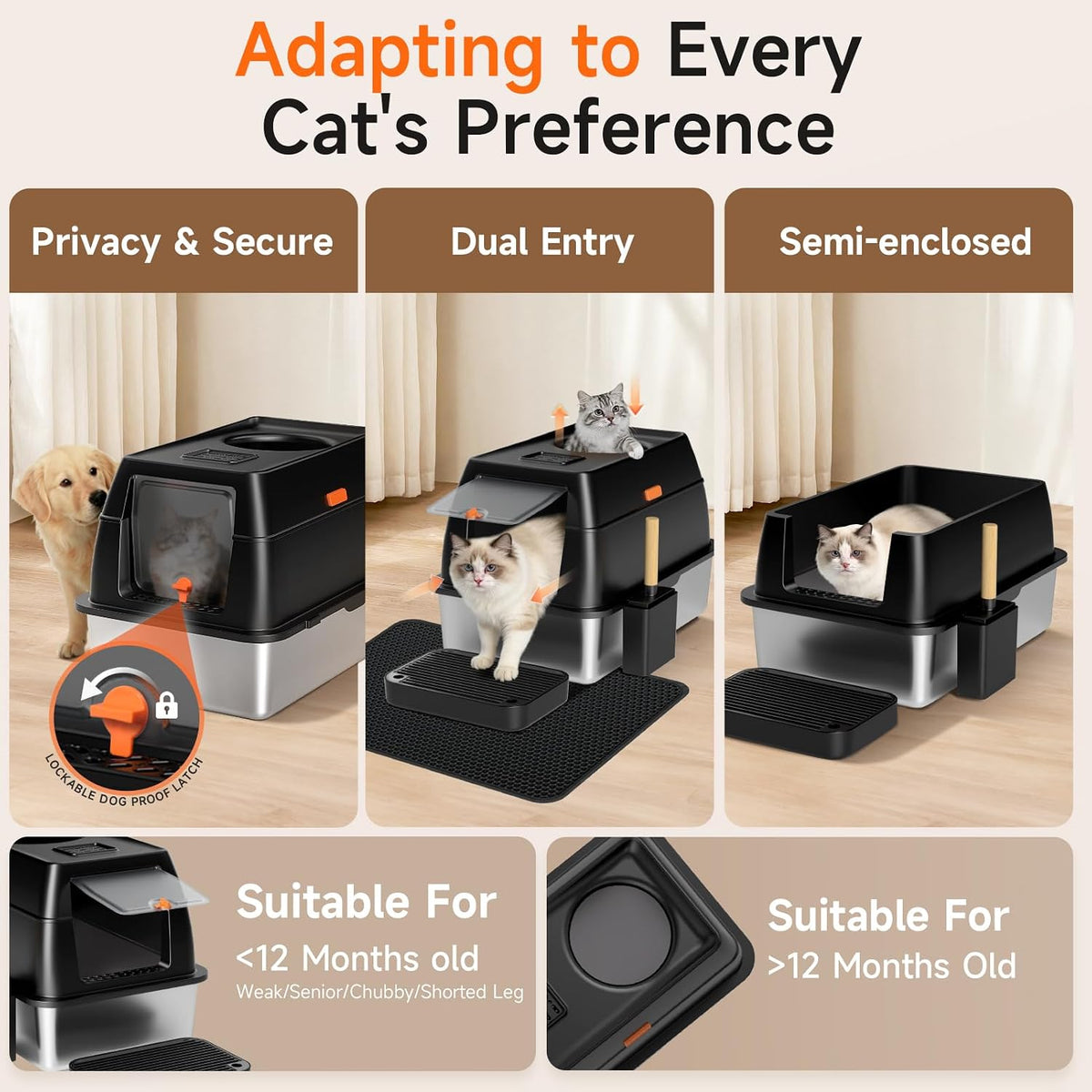 included accessories: step board, litter scoop with holder, litter mat, and 4 non-slip stability pads