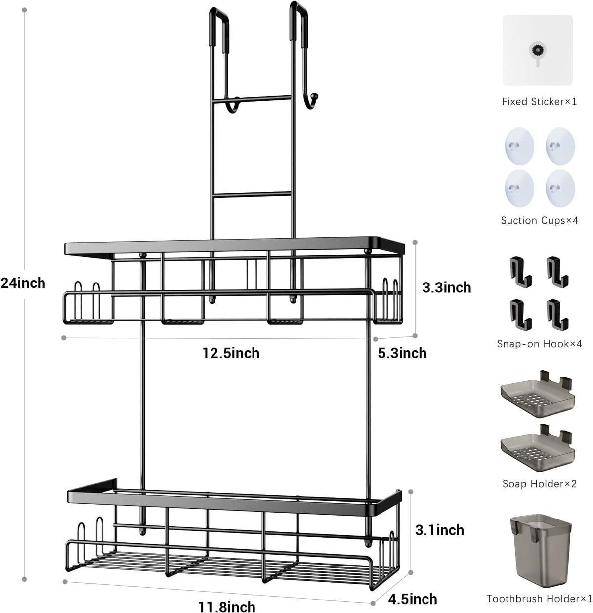 includes 2 soap holders, 1 toothbrush holder and 4 removable hooks