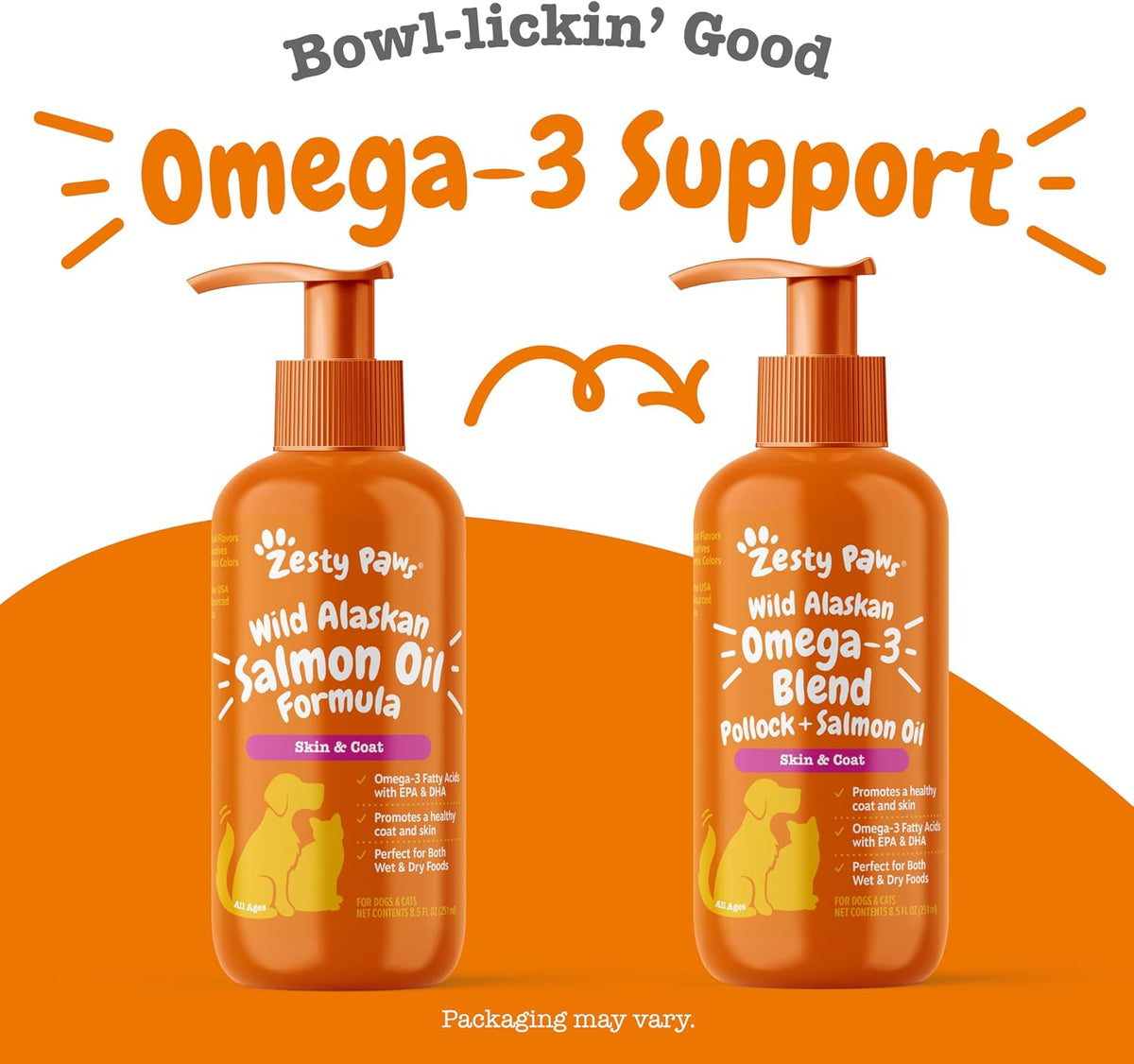 ingredient list limited to mixed tocopherols, pollock oil, and salmon oil for a clean profile