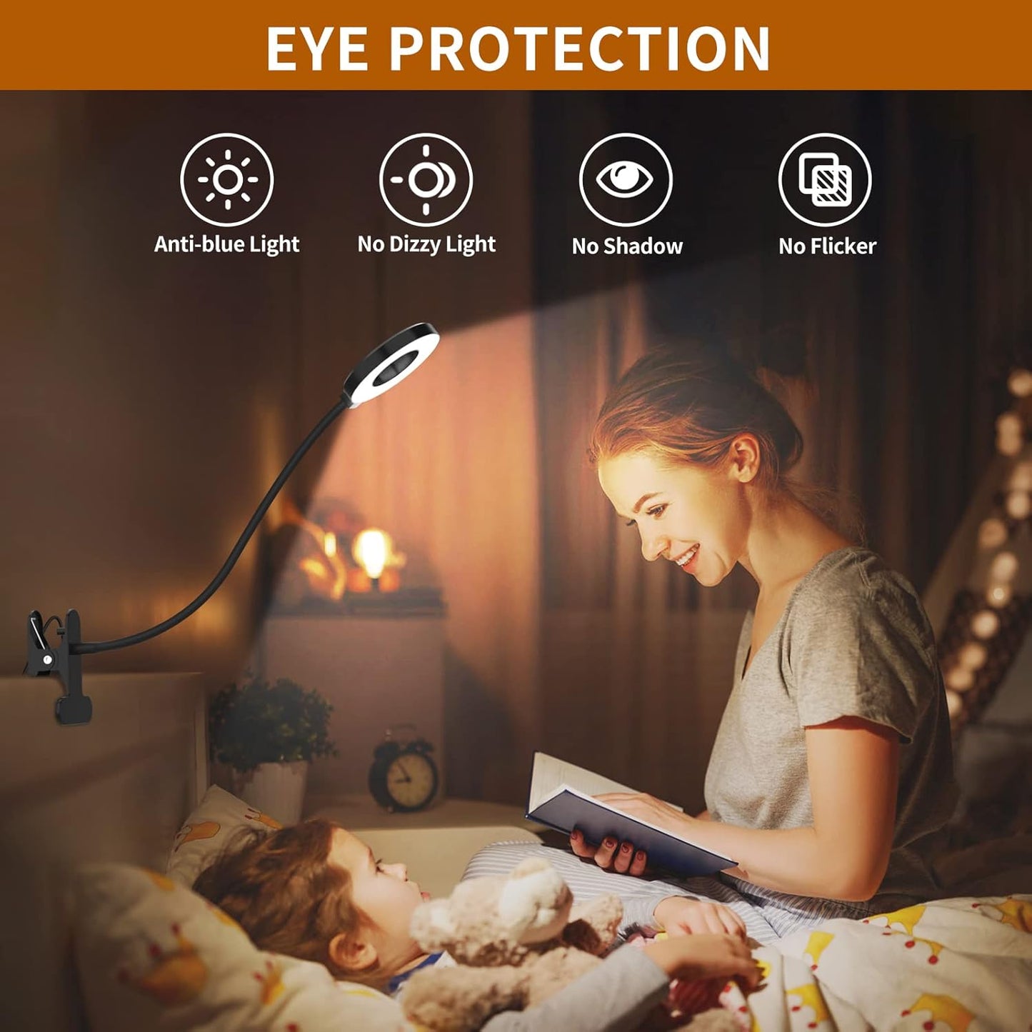 iZELL Children's Clip Light for Bedtime Reading – Adjustable Warm & Cool Color Modes, Touch Dimmer, No Flame, No Heat