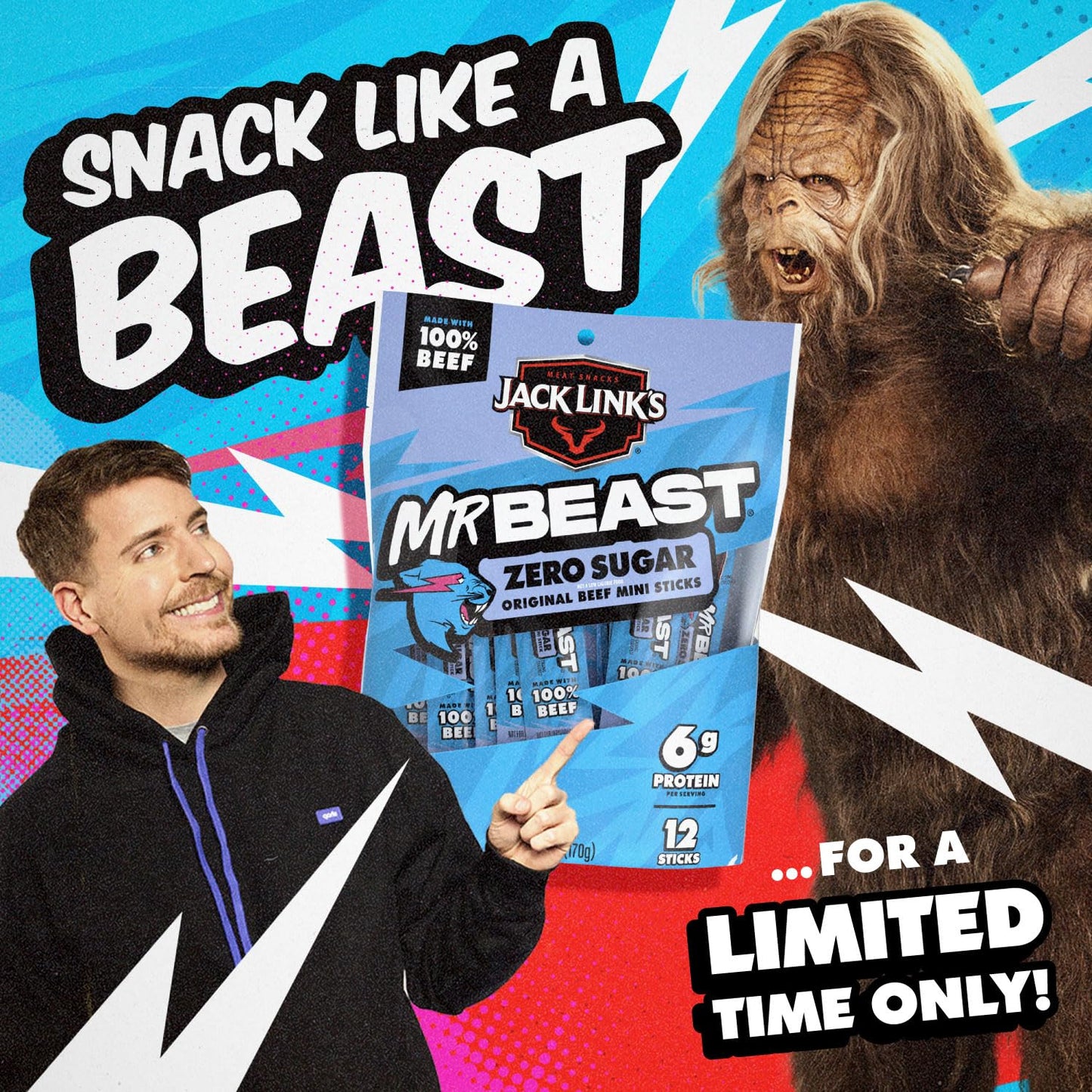 Jack Link's x MrBeast Zero Sugar Mini Beef Sticks – MrBeast Fan Gift Bundle for Birthday Parties, 12 Beef Sticks