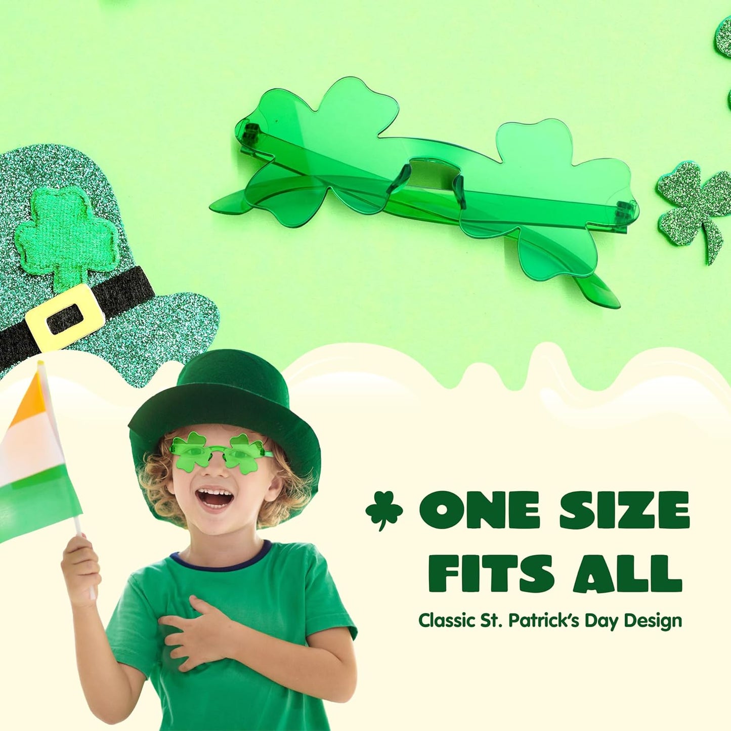 JOYIN St. Patrick's Day Sunglasses – Safe Kid-Friendly Shamrock Eyewear for Classroom Party & March 17th Dress-Up Day, Green Clover Frames, 6-Pack
