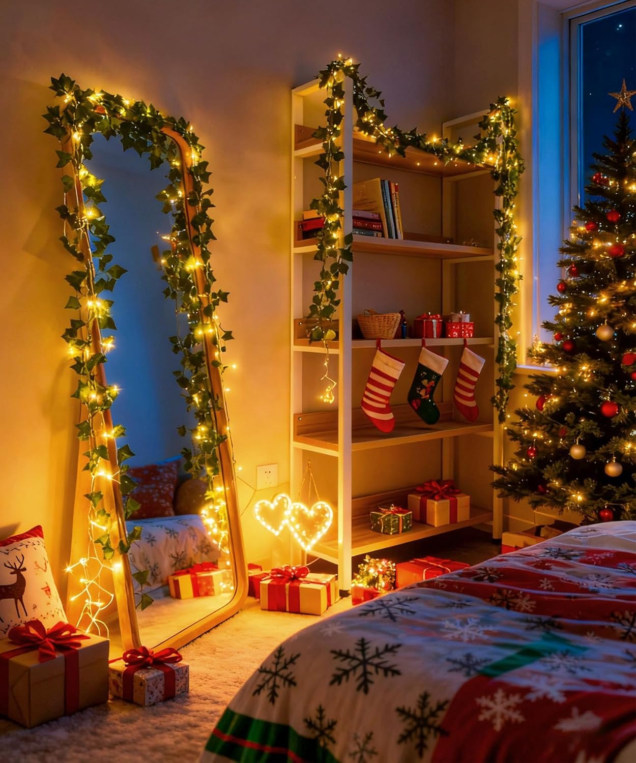 KASZOO 12 Pack Hanging Ivy Vine with String Lights – Simple Neutral Tone Accent for Scandi and Japandi Spaces