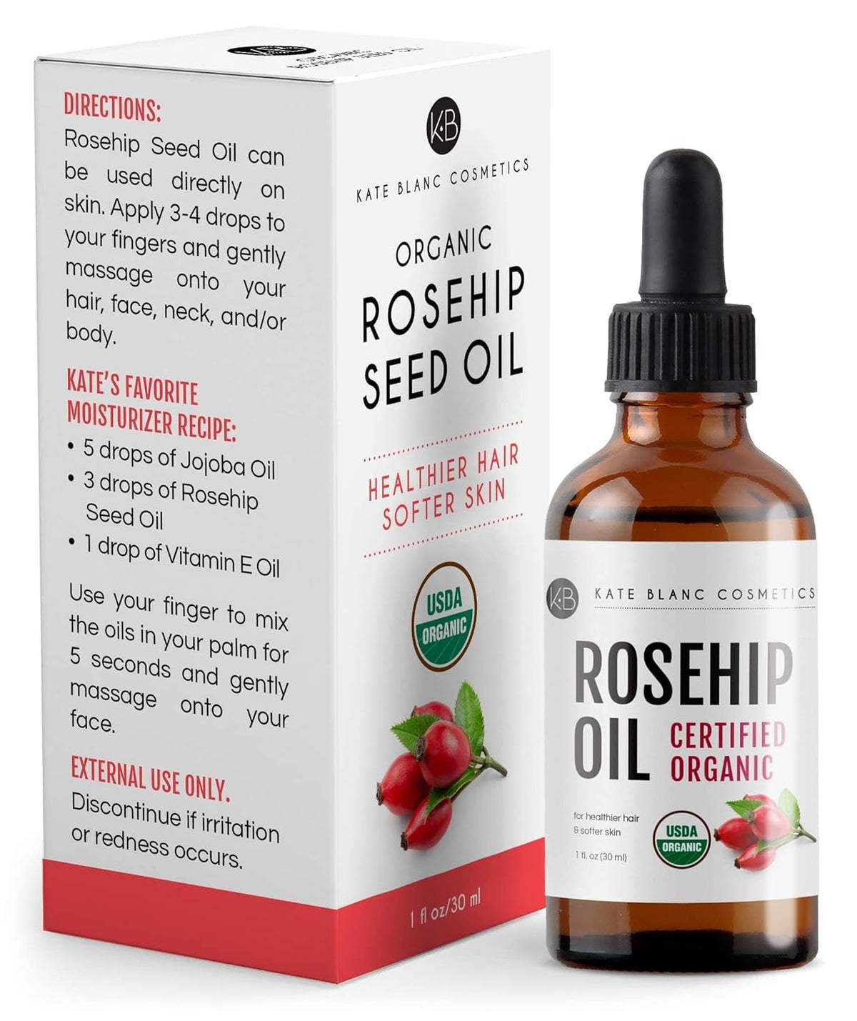Kate Blanc Cosmetics Rosehip Seed Oil – One-Bottle Face Hair and Nail Oil for Minimalist Bathroom Counters and Effortless Mornings