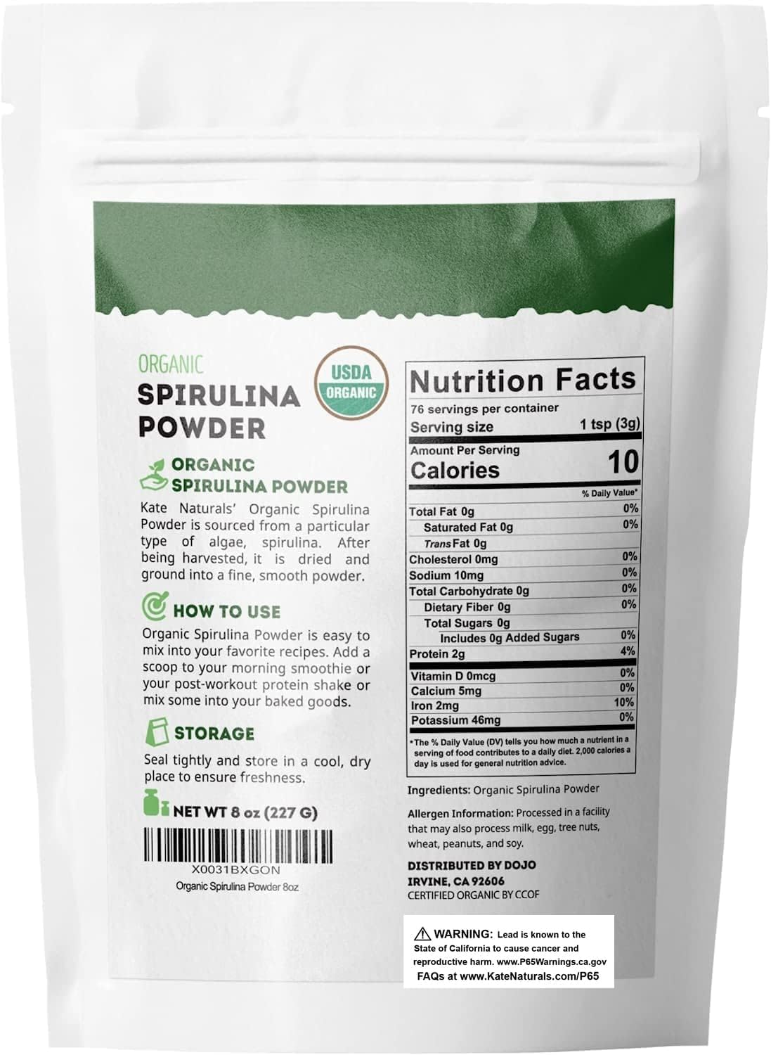 Kate Naturals Organic Spirulina Powder – Nutrient-Dense Green Superfood for Holistic Wellness Practice, 8 oz