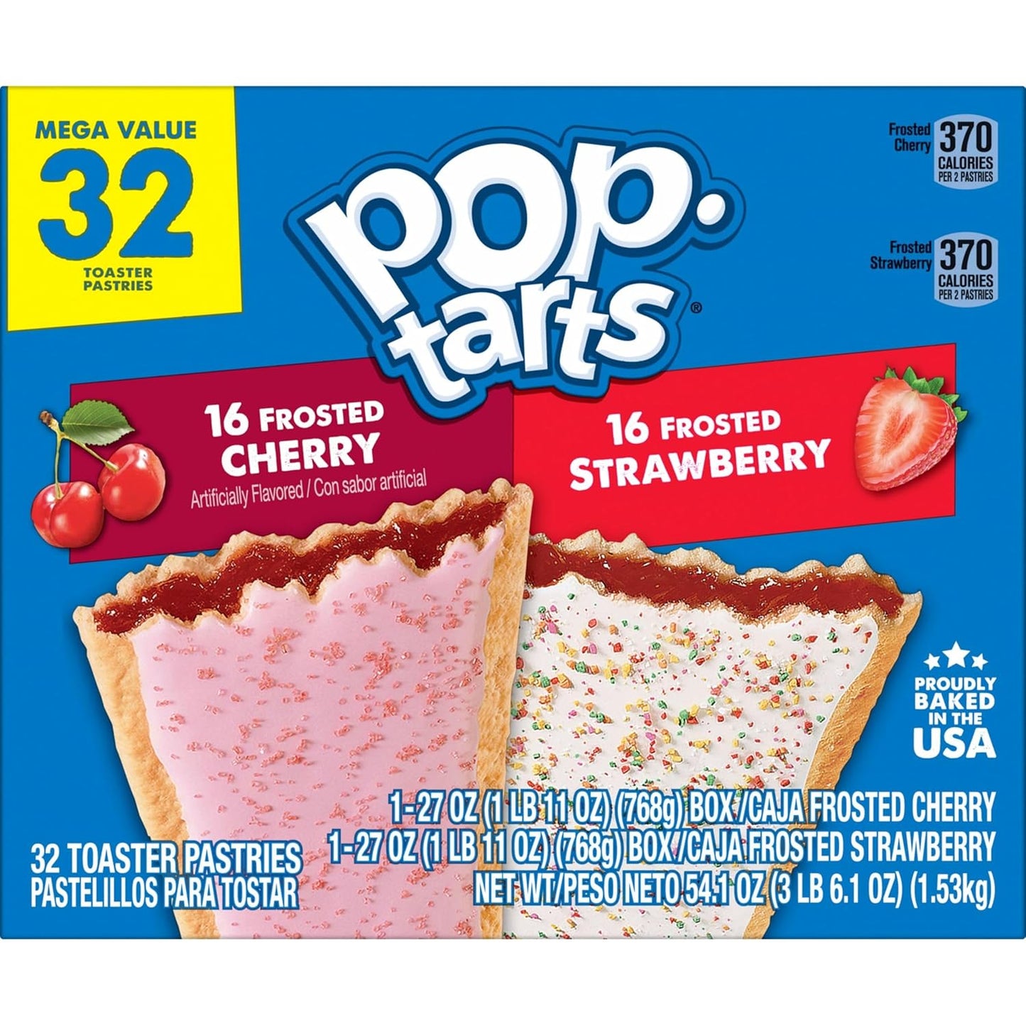 Kellogg's Pop-Tarts Frosted Strawberry and Cherry – Travel Snack for Early Flights and Long Drives, 32 Count