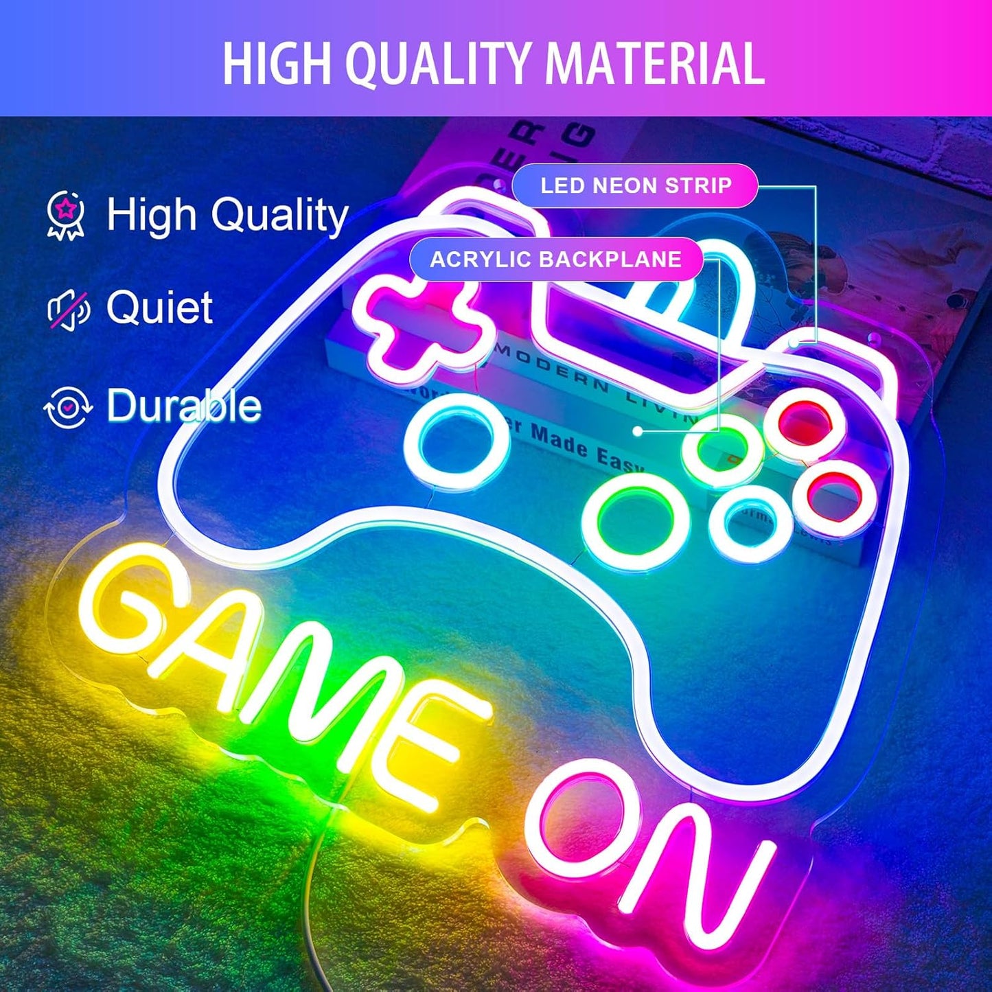 Kids Gaming Room Neon Sign, USB Powered No Heat LED Light - Safe Bedroom Wall Decor for Children and Tween Gamer Boys