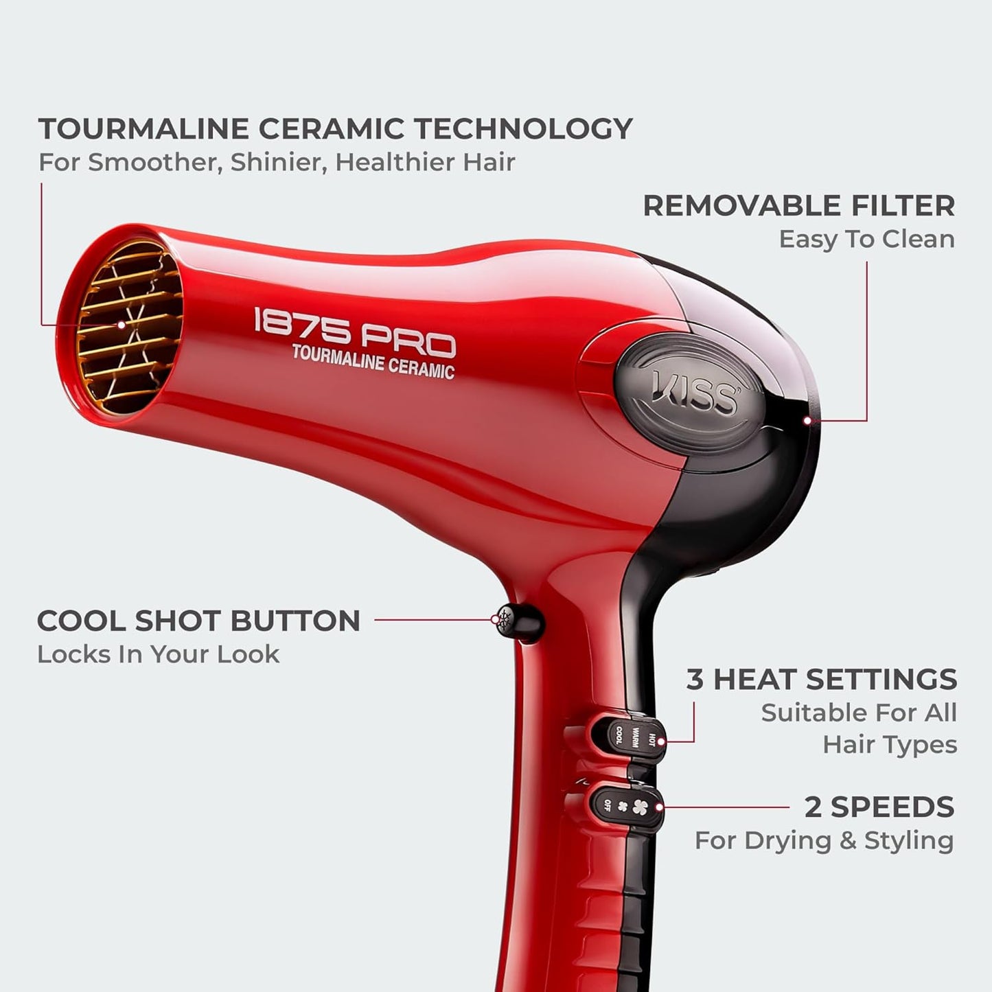 KISS 1875W Ceramic Hair Dryer - Elegant Tourmaline Edition, Lightweight Ergonomic Design with Hanging Loop for Refined Vanities