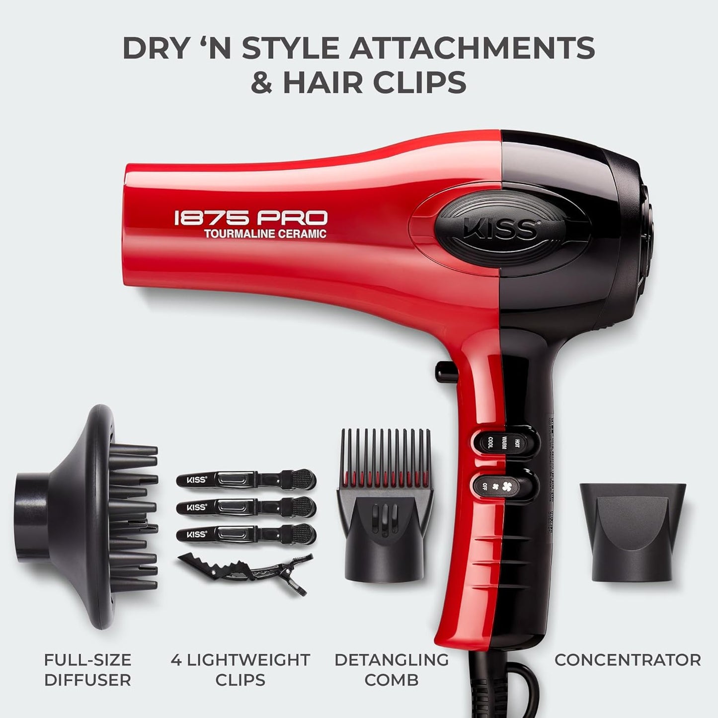 KISS 1875W Ceramic Hair Dryer - Elegant Tourmaline Edition, Lightweight Ergonomic Design with Hanging Loop for Refined Vanities