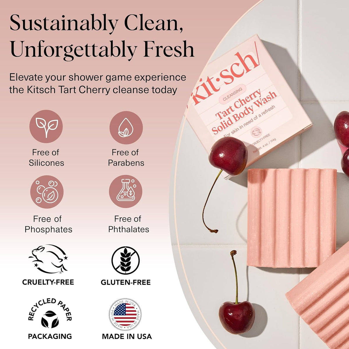 Kitsch Cleansing Tart Cherry Bar – Mood-Setting Body Wash, Long-Lasting Cherry, Rose Petal and Jasmine Aroma