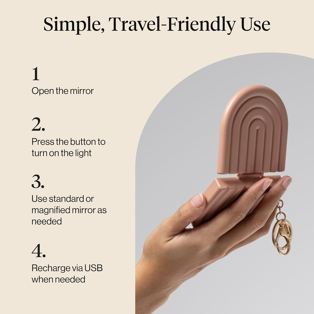 Kitsch Compact Travel Mirror – Sunset Dinner and Al Fresco Touch-Up Mirror, Lighted USB-Rechargeable Keychain Design