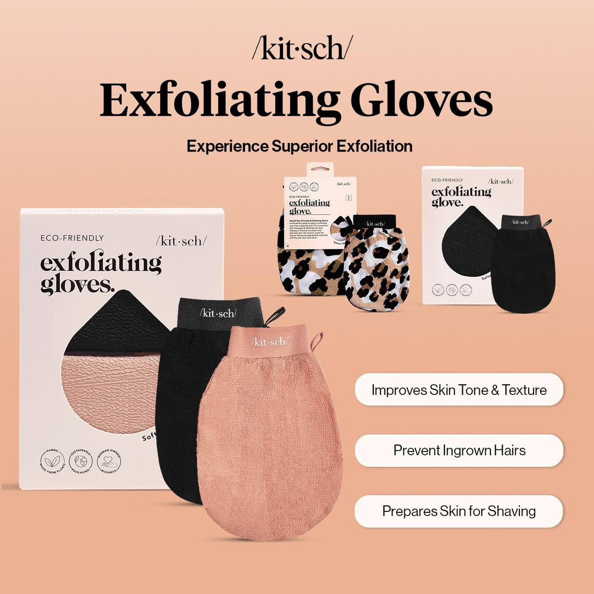 Kitsch Exfoliating Gloves 2pc – Clean-Lined Korean Exfoliating Mitt for Intentional Skincare, Black & Terracotta