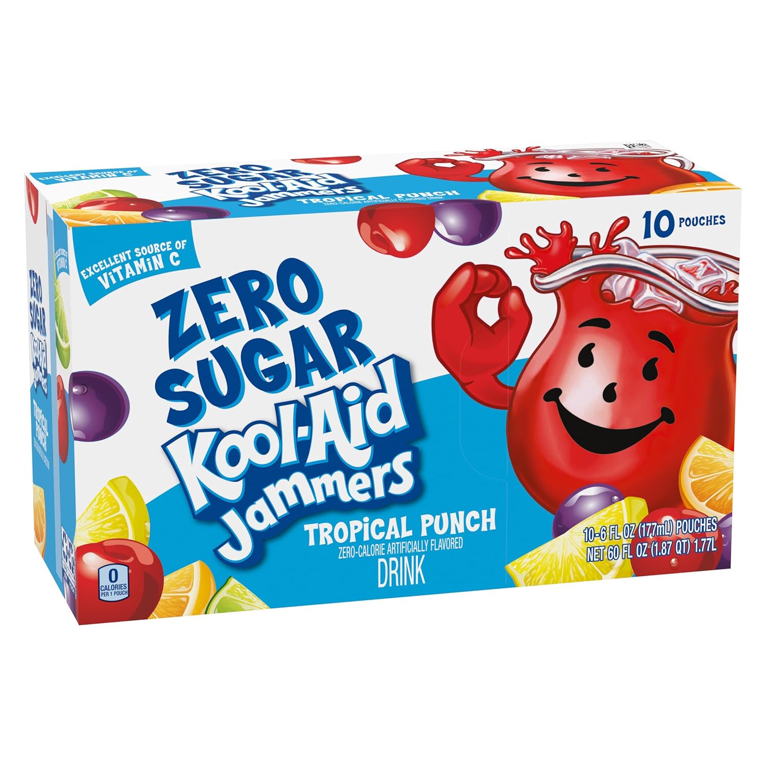 Kool-Aid Jammers Tropical Punch Zero Sugar Pouches, 10 Pack, Camping Trip Drink for On-the-Go Families
