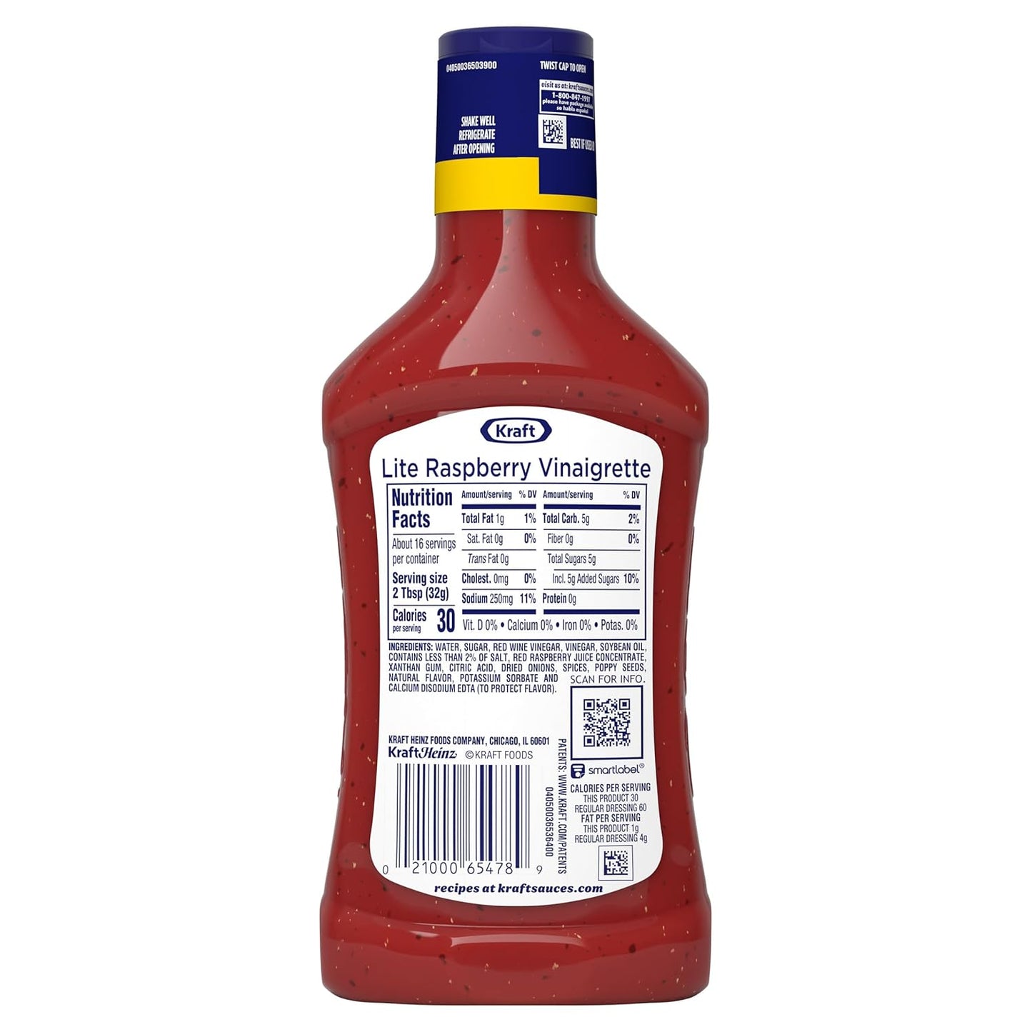 Kraft Raspberry Vinaigrette Lite – Mess-Free Squeezable Dressing for Lunch Packing and Park Meals, 16 fl oz