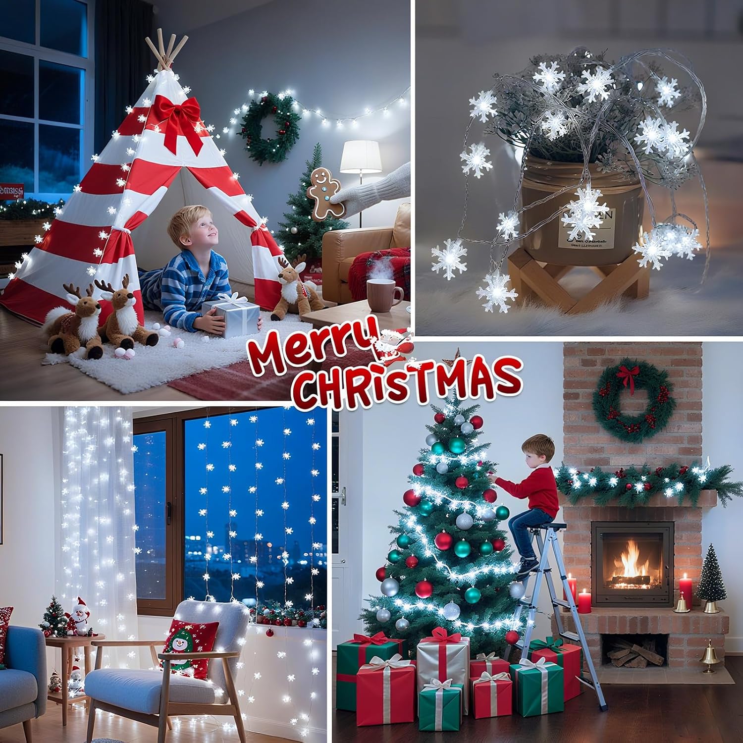 Lakumu Snowflake LED String Lights 20FT 8 Modes Timer Fairy Lights for Fireplace Mantel and Window Garland Styling