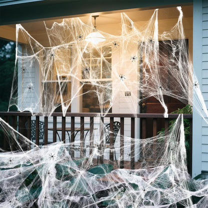 Land Guard Halloween Spider Web for Family Room and Garage Party Space, 200 sqft Safe Polyester Cobweb with 10 Bonus Spiders for Kids' Events