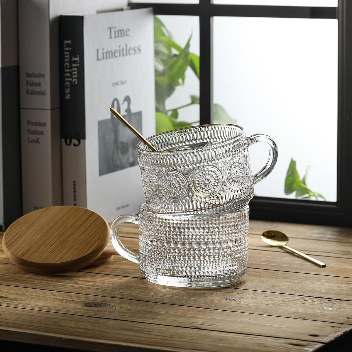 LANDNEOO Glass Mugs with Bamboo Lids for Self-Care Morning Routine - 14oz Overnight Oats Cups, Smoothie Glasses and Layered Drink Prep