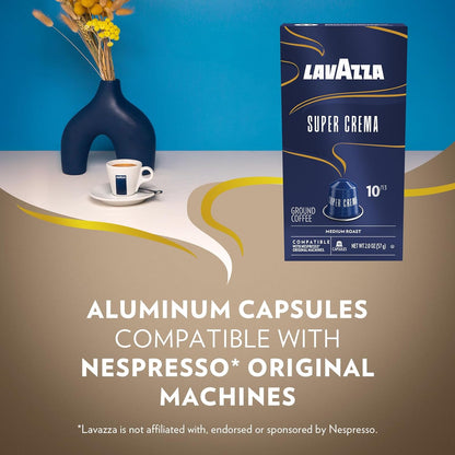 Lavazza Super Crema Aluminum Coffee Capsules for Nespresso Original – Mid-Morning Office Espresso Break Pick-Me-Up