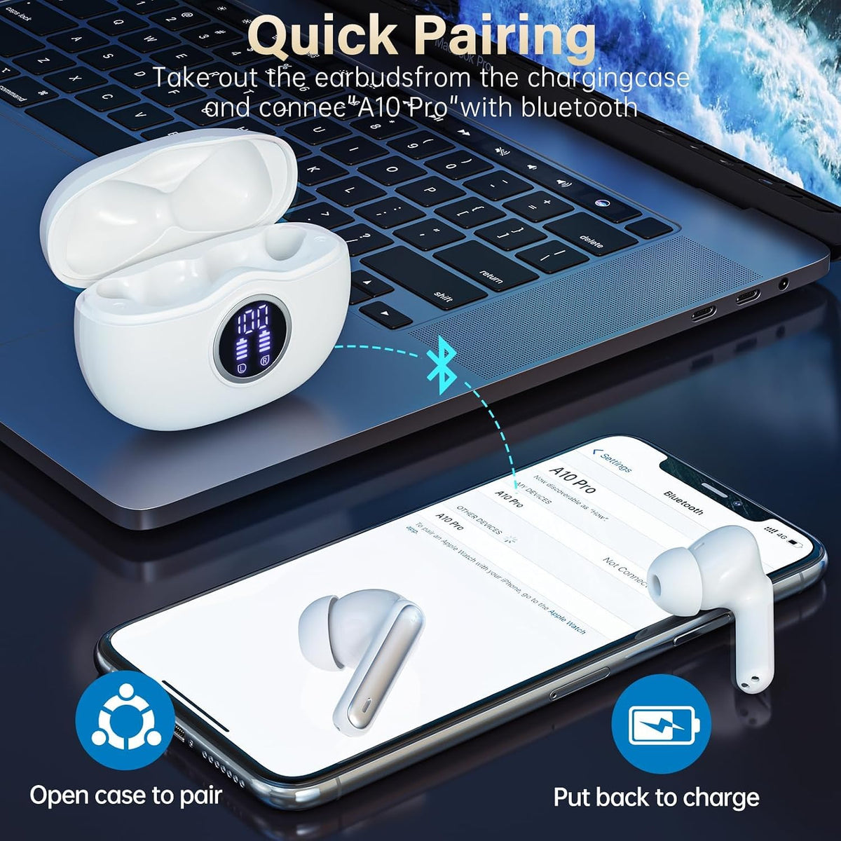 led digital display showing real-time 0-100% power for case and individual earbuds