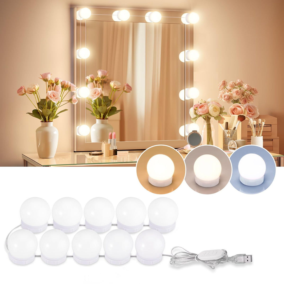 LED Vanity Lights For Mirror, Consciot Hollywood Style Vanity Lights With 10 Dimmable Bulbs, Adjustable Color &amp;amp; Brightness, USB Cable, Mirror Lights Stick on for Makeup Table Dressing Room Mirror