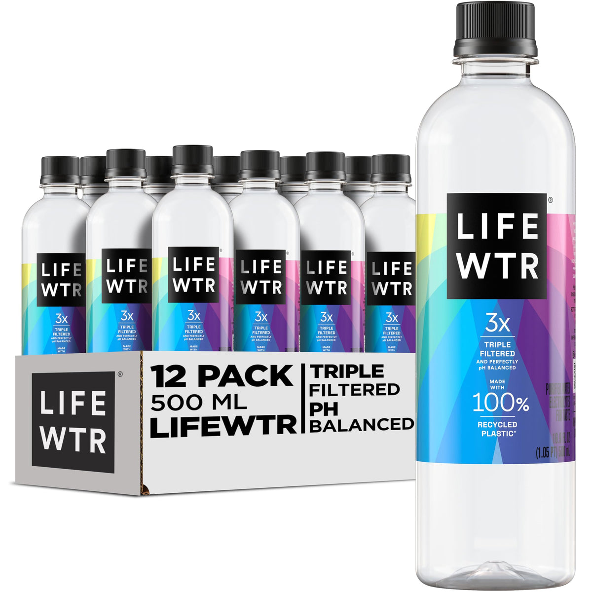 LIFEWTR Premium Purified Water pH Balanced with Electrolytes, 100% recycled plastic bottles, 16.9 Fl Oz Bottles, 500ml (Pack of 12)
