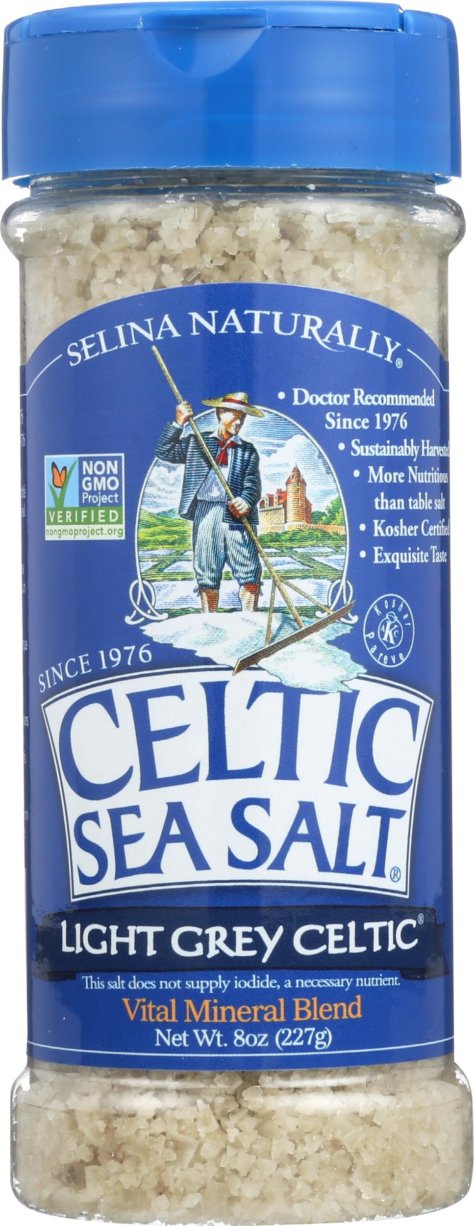 Light Grey Celtic Sea Salt Shaker – Easy to Use, Large Refillable, Reusable Glass Shaker with Additive-Free, Delicious, Gluten-Free, Non-GMO Verified, Kosher and Paleo-Friendly, 8 Ounces