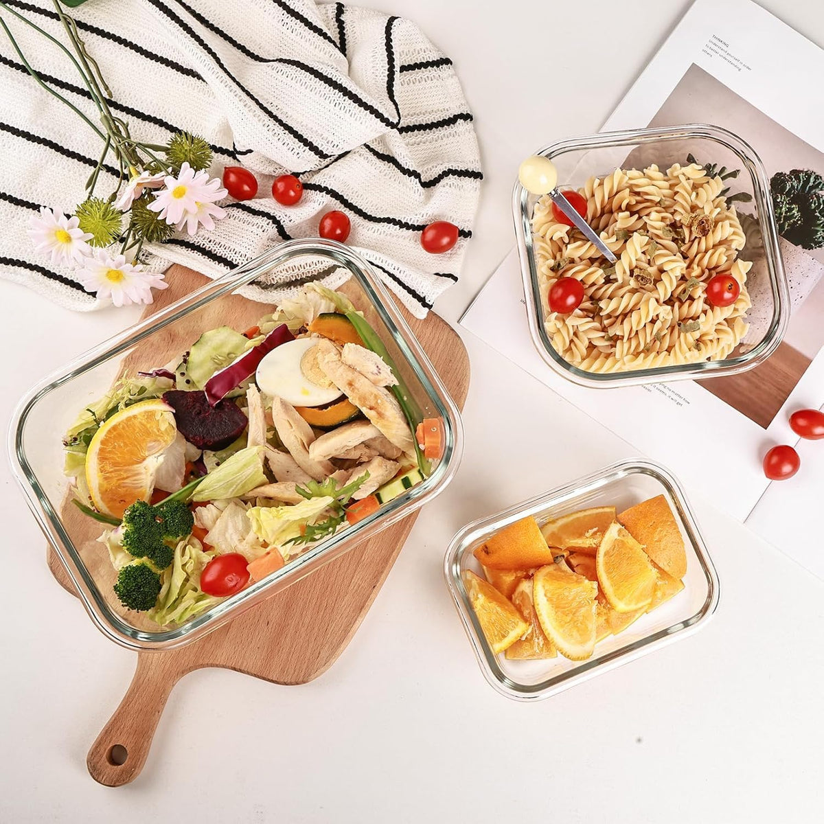 Liuruiyu Multi-Pack Glass Food Containers with Matching Lids – Uniform Stackable Design for Compact Living